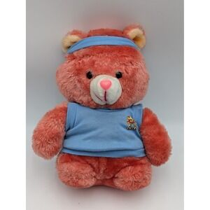 MTY International Plush Bear Coral Pink Blue Headband Tank Top Workout Vintage